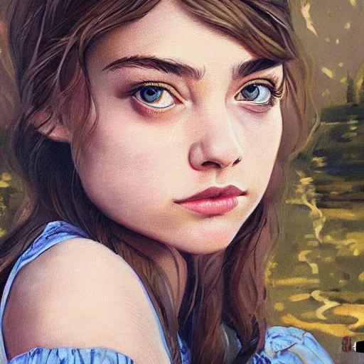 Image similar to a beautiful scenic painting of a beautiful young girl that looks like imogen poots by artgerm and wlop and wes anderson and spike jonze