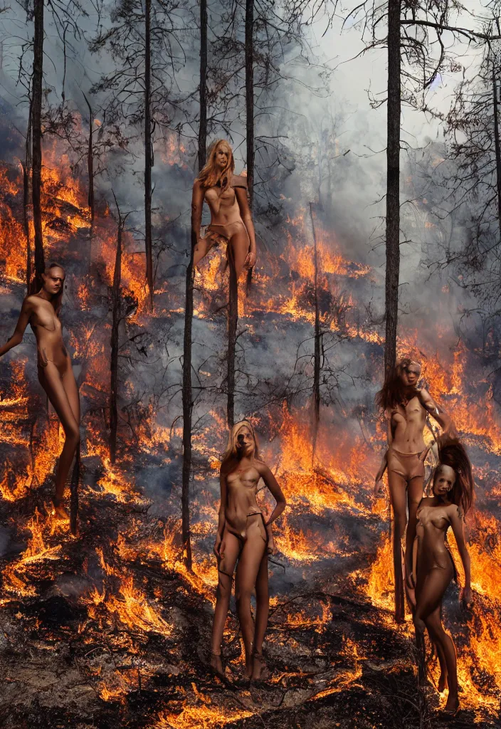 Image similar to fashion editorial in forest fire. wide angle shot. highly detailed.