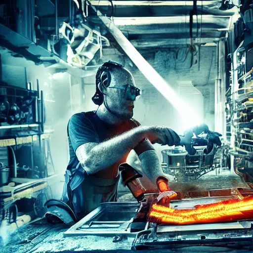 Image similar to cyborg toaster oven repairman, dark messy smoke - filled cluttered workshop, dark, dramatic lighting, orange tint, sparks, plasma rays, cinematic, highly detailed, sci - fi, futuristic, movie still