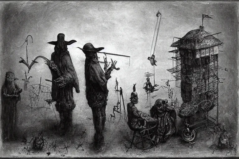 Prompt: plague doctors with rube goldberg machines in the fog by joel peter witkin, heironymus bosch, gustave dore, beksinski