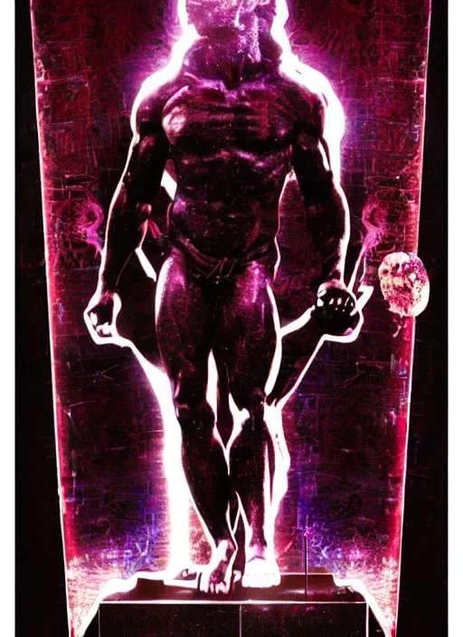 Prompt: dark design poster showing a statue of hercules, black background with very subtle red and purple design elements, powerful, nekro, vito acconci, graphic design, collage art, subtle thin lines, dark, glitch art, neo vaporwave, gritty, layout frame, square, trending on artstation