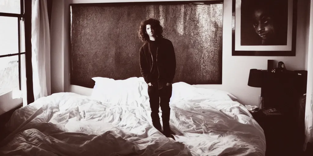 Image similar to a black and whirte portrait of a handsome guy posing in an east village bedroom, morning light, natural, long, brown curly hair, by larry clark award winning photograph