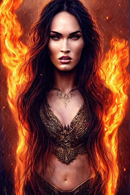 Image similar to Majestic and regal portrait of Megan fox fire goddess!!, intricate, epic, elegant, menacing, fantasy, highly detailed, digital painting, hard focus, beautiful volumetric lighting, epic light, ultra detailed, souls, smoke, by Leesha Hannigan, Ross Tran, Thierry Doizon, Kai Carpenter, Ignacio Fernández Ríos