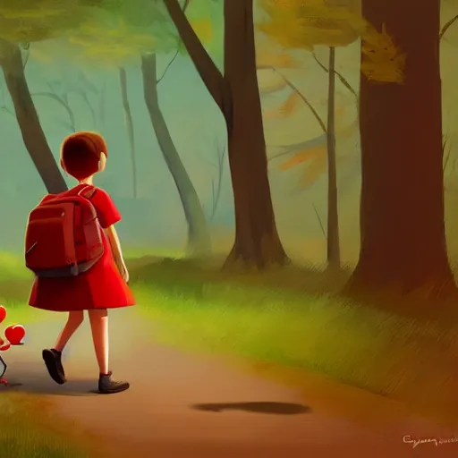 Prompt: goro fujita ilustration patty's world in a red dress and backpack, short hair, walking through the woods picking mushrooms, painting by goro fujita, sharp focus, highly detailed, artstation