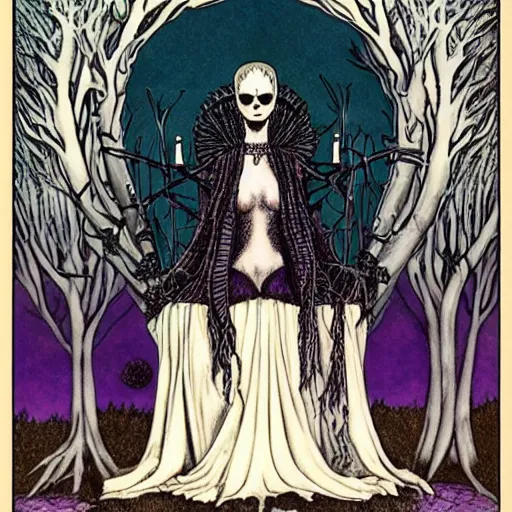 Image similar to the gothic wiccan beautiful queen witch occult woman sitting atop her throne made of skulls by gerald brom by anna steinbauer by kelly mckernan by edward gorey, trending on artstation