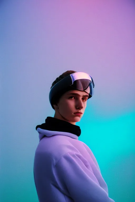 Image similar to high quality pastel coloured film mid angle portrait photograph of a beautiful young 2 0 year old male, soft features, short hair, perspex space visor and oversized inflated clothing!!!! icelandic black! rock pool environment. atmospheric three point light. photographic. art directed. ( pastel colours ). volumetric. clearcoat. waves. 8 k. filmic.