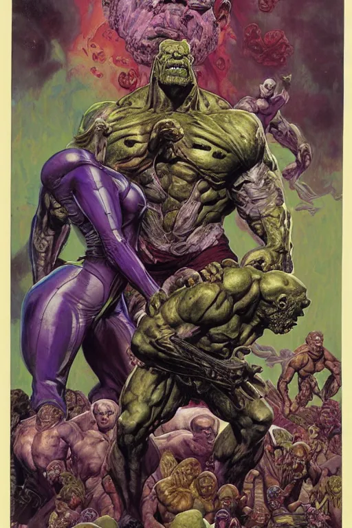 Prompt: upper body and head portrait of hulking mutant thanos by lawrence alma tadema and zdzislaw beksinski and norman rockwell and jack kirby and tom lovell and greg staples