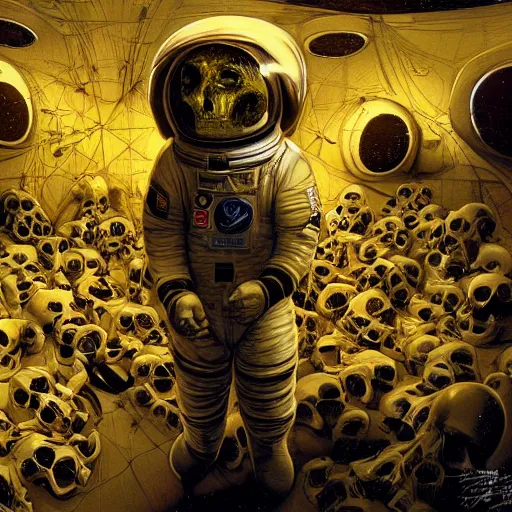 Image similar to An astronaut alone inside a dark ballroom filled with piles of human skulls by Jim Burns