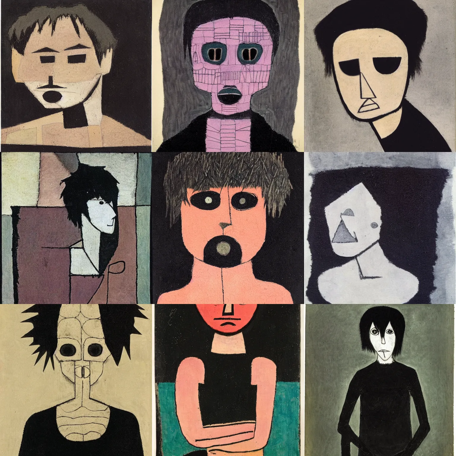 Prompt: an emo portrait by paul klee. her hair is dark brown and cut into a short, messy pixie cut. she has large entirely - black evil eyes. she is wearing a black tank top, a black leather jacket, a black knee - length skirt, a black choker, and black leather boots.