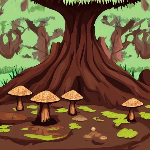 Image similar to a gnarled ancient wooden tree stump with mushrooms growing out of it, organic, highly detailed, vector art, concept art, individual sprite from a gorgeous indie platform game, on a flat color black background