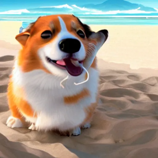 Prompt: happy corgi eating ice cream on the beach, pixar movie screenshot