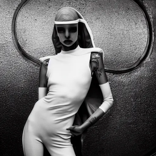 Image similar to fashion photography of an extraterrestrial model, wearing futuristic hip - hop fashion, inside berghain, berlin fashion, futuristic fashion, photo 3 5 mm leica, hyperdetail, 8 k, very detailed, black and white