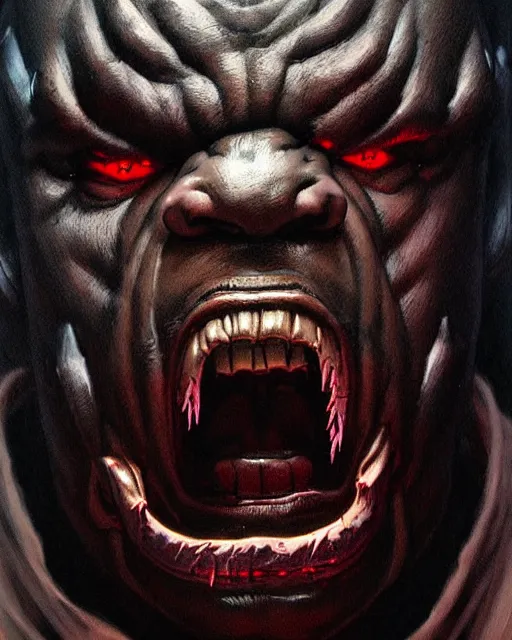 Image similar to doomfist from overwatch, evil sinister, angry nigerian man, rage, character portrait, portrait, close up, concept art, intricate details, highly detailed, horror poster, horror, vintage horror art, realistic, terrifying, in the style of michael whelan, beksinski, and gustave dore