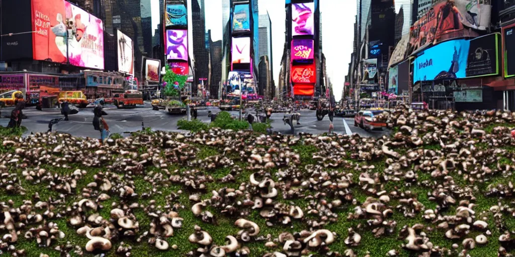 Prompt: Times Square overgrown with mushrooms, Alternate Universe