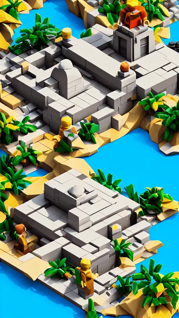 Prompt: matte 3 d low poly scene of a desert temple, lat lighting, isometric perspective on tropical beach background, soft shadows, 3 d render, lego builders journey, raytracing,