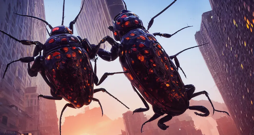 Prompt: giant beetle flies down the street, close up, hyperdetailed, artstation, cgsociety, golden hour 8k