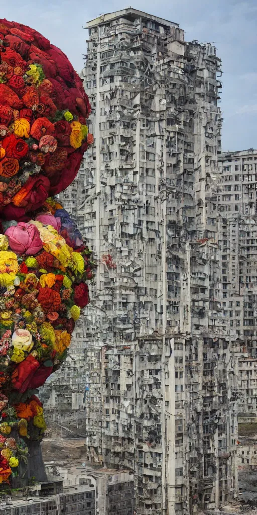 Image similar to giant grotesque flower in the middle of abandoned post soviet constructivist cityscape, Stalinist architecture, ultradetailed by Josan Gonzalez and Giuseppe Arcimboldo and Wes Anderson