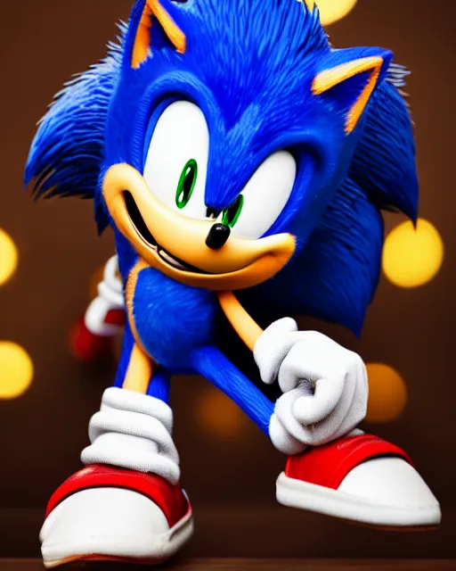 Prompt: An extremely wholesome studio portrait of a happy Sonic the Hedgehog, bokeh, 90mm, f/1.4