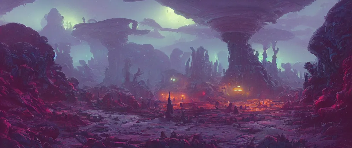 Image similar to fantastic landscape with alien artifacts, by Paul Lehr, highly detailed matte painting, artstation,