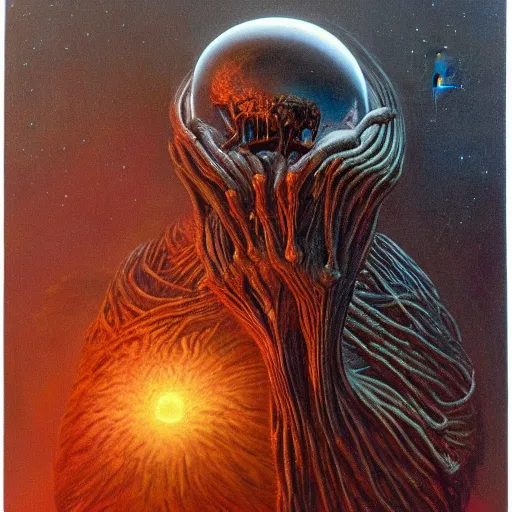 Image similar to Creature in space holding a planet made by Zdzislaw Beksinski, Jeffrey Smith and H.R. Giger, oil on canvas, 8k highly professionally detailed, trending on artstation