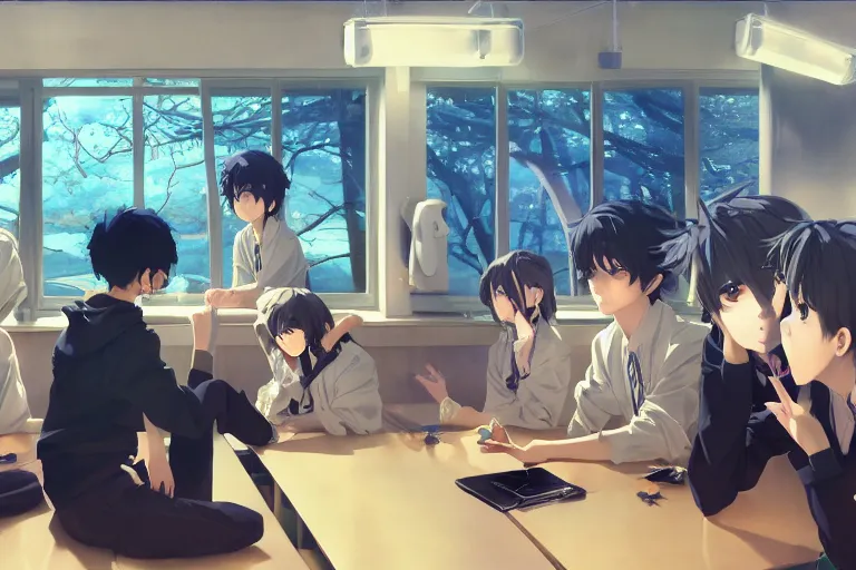 boy's love anime modern high school classroom in, Stable Diffusion