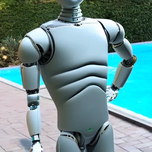 Image similar to a realistic detailed photo of a guy who is an attractive humanoid who is half robot and half humanoid, who is a male android, soccer player martin ødegaard, shiny skin, posing like a statue, blank stare, by the pool, on display, showing off his muscles, humanoid robot, frozen ice statue