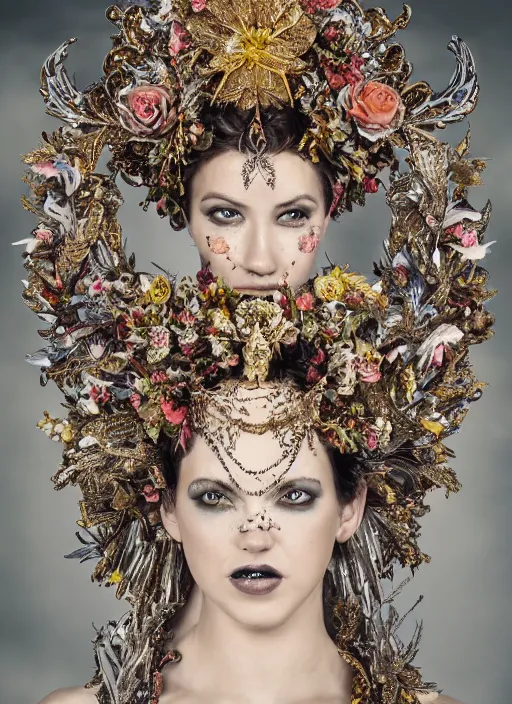 Image similar to full body environmental portrait photo of a goddess as angel, ornate headpiece made from flowers, ornaments, glamour shot by gemmy woud - binnendijk, chris knight, stefan gesell, photorealistic, canon r 3, fashion photography, ornate, elegant, luxury and elite, symmetrical features, octane render, unreal engine, solid dark grey background, dramatic lights