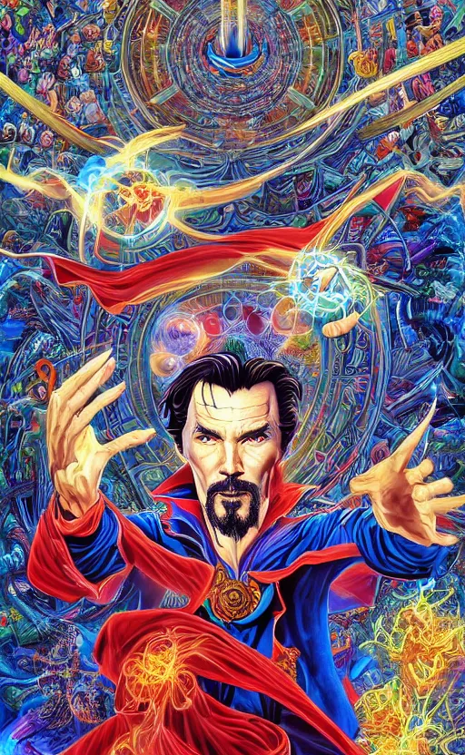 Prompt: hyper realistic third first image on the scattered absurdity server, dr strange and dr seuss, very pretty, portal hopping and time warping with reckless abandon, by alex grey