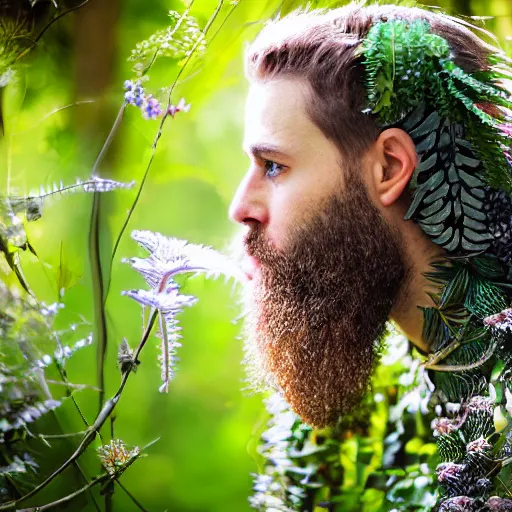 Image similar to a male knight with beard, stern face, clear eyes, shining armour made of steel, and fractal flowery hair in a fractal garden, glowing delicate flower, berries and ferns that grow in a dark flowering fantasy forest, full frame,