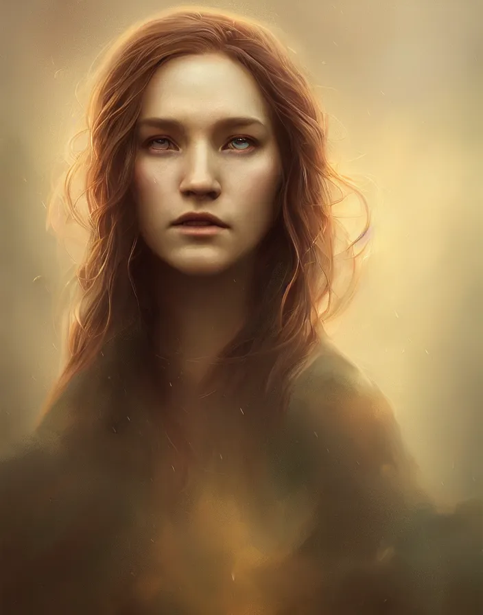 Image similar to Beautiful aesthetically pleasing female oracle of Delphi portrait, face centered portrait, Confident, fog, rain, volumetric lighting, beautiful, golden hour, sharp focus, ultra detailed, conceptartworld by Leesha Hannigan, Ross Tran, Thierry Doizon, Kai Carpenter, Ignacio Fernández Ríos