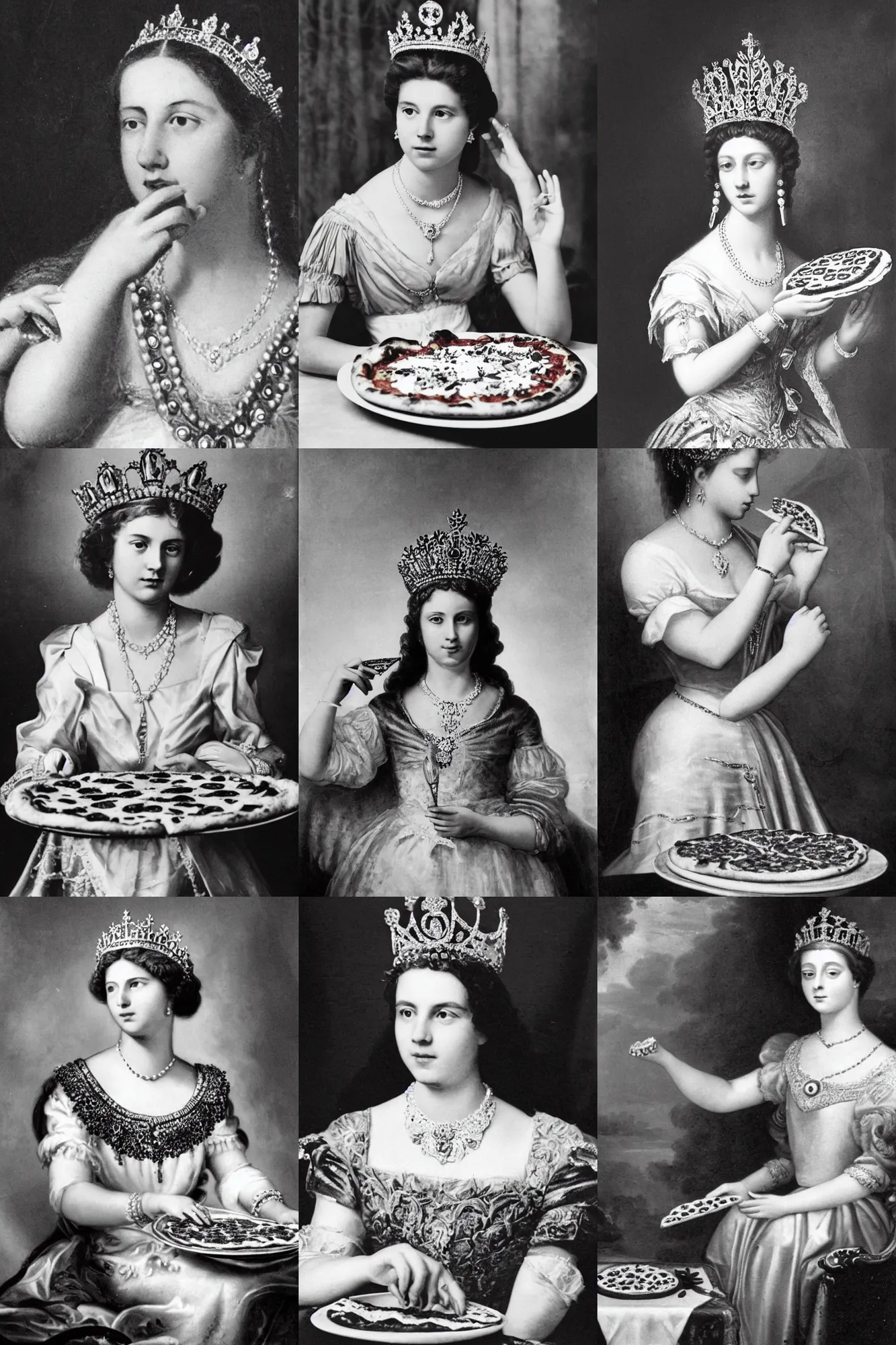 Prompt: a historical photo of young beautiful queen margherita of italy, eating a pizza margherita with her hands, intricate detailed tiara, pearl necklace, black and white photo, smooth lighting, masterpiece, perfect symmetry