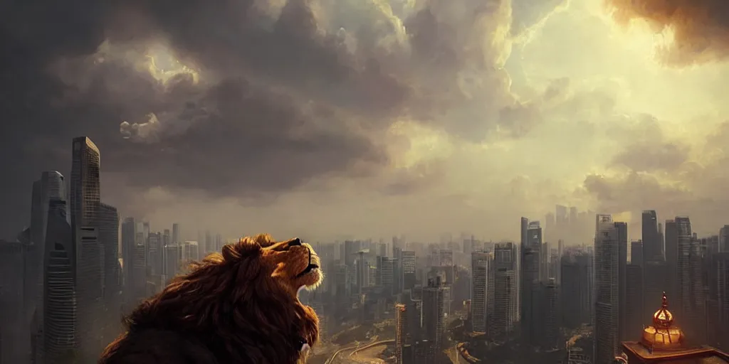 Image similar to Singapore city with a lion-shaped!!!!! cloud in the sky, by greg rutkowski, red and white lighting, digital art, ultra realistic, ultra detailed, photorealistic, 4k, character concept