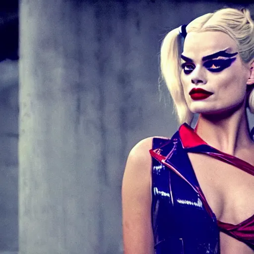 Image similar to Margot Robbie as real-life Harley Quinn, cinematic, Wide-shot, atmospheric lighting, directed by Quentin Tarantino, extreme detail, 8K, movie still