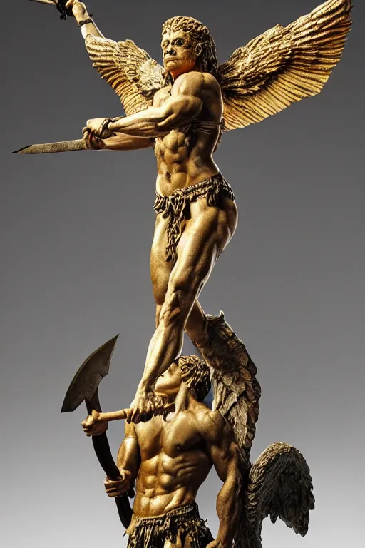 Prompt: photo taken of an epic intricate, ultra detailed, super realistic sculpture of a ancient winged demonic guardian statue holding an axe, sculpture on display, created by weta workshop, photorealistic, sharp focus, f 0. 4, face centred, golden ratio