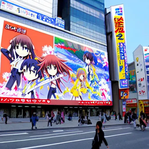 Prompt: Google map street view image of a big anime poster in akihabara