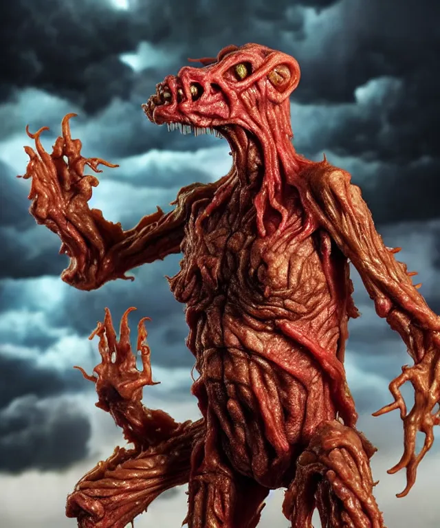 Image similar to hyperrealistic rendering, epic boss battle, cronenberg flesh monster ted cruz, by art of skinner and richard corben, product photography, collectible action figure, sofubi, hottoys, storm clouds, outside, lightning