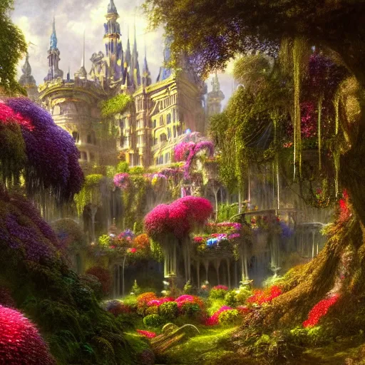 Image similar to a beautiful and highly detailed matte painting of a beautiful palace in a magical fantasy forest garden, colorful flowers, psychedelic style, epic scale, insanely complex, hyperdetailed, sharp focus, hyperrealism, artstation, cgsociety, 8 k, bright colors, by caspar friedrich, albert bierstadt, james gurney, brian froud,