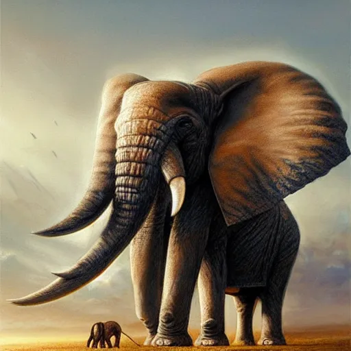 Prompt: a painting of an enormous elephant towering over other elephants with a long tusk by michael komarck, featured on cgsociety, fantasy art, majestic, official art, detailed painting.