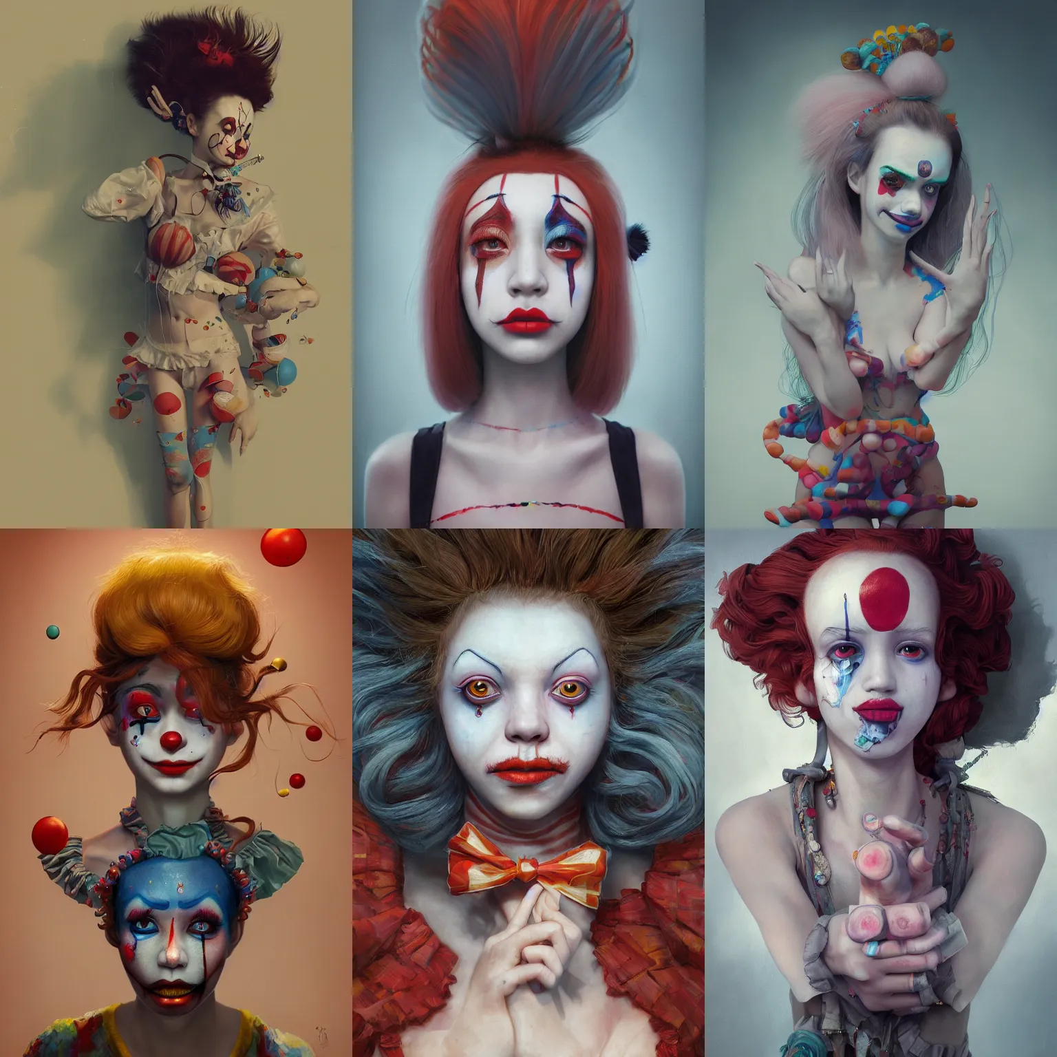 Image similar to breathtaking detailed painting of clown girl , with anxious, piercing eyes, Atari game cover art by Hsiao-Ron Cheng, James jean, Miho Hirano, Hayao Miyazaki, extremely moody lighting, hyperrealistic, octane render, RPG portrait, ambient light, dynamic lighting