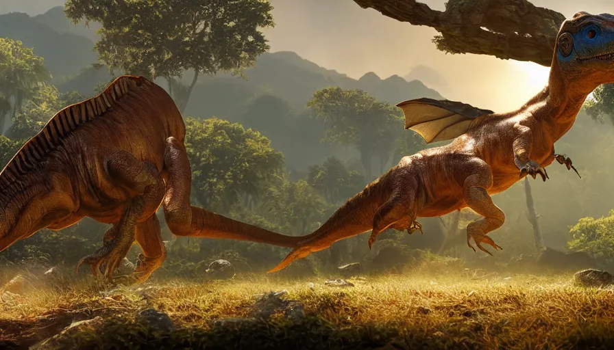 Image similar to hyper realistic highly detailed nature photography of a dinosaur, prehistoric planet, volumetric lighting, octane render, 4 k resolution, golden hour