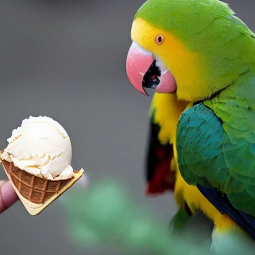 Image similar to a lovebird parrot nibbling an ice cream