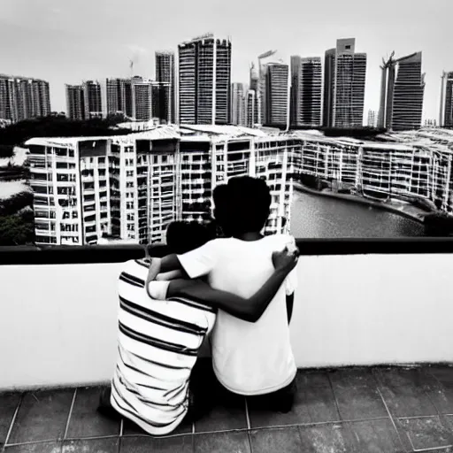Prompt: photo of two singaporean students sitting on the roof of a hdb flat, black and white, award winning, composition