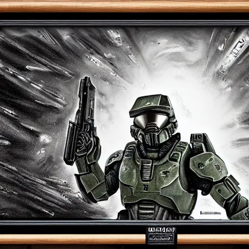 Image similar to master chief teams up with doomguy, artstation hall of fame gallery, editors choice, #1 digital painting of all time, most beautiful image ever created, emotionally evocative, greatest art ever made, lifetime achievement magnum opus masterpiece, the most amazing breathtaking image with the deepest message ever painted, a thing of beauty beyond imagination or words, 4k, highly detailed, cinematic lighting