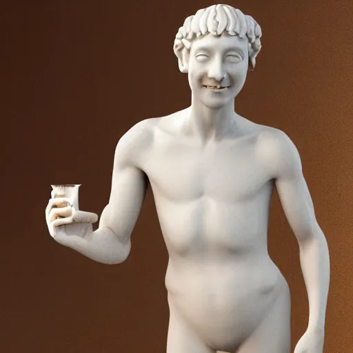 Image similar to a 3 d smiling model of a white marble human head in a renaissance style holding a coctail, digital illustration, 3 d render, above the waist