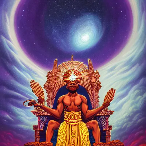 Prompt: obatala the cosmic god sitting on a throne of nebula clouds, by dan mumford, matte painting, orisha, 8k, hd