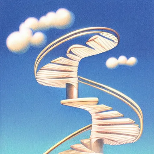 Prompt: portrait of woman walking up an infinity staircase in the clouds, sky background, art by peter lloyd, 1 9 8 0's art, retro art airbrush style, art by hajime sorayama,, intricate, elegant, sharp focus, illustration, highly detailed, concept art, matte, sharp focus, illustration, highly detailed, concept art, h 6 4 0