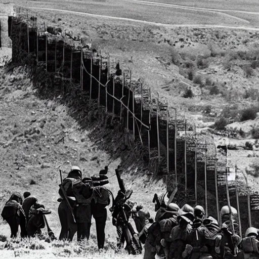 Prompt: Donald Trump standing on top of his giant wall on the Mexican border, operating a mounted MG-42 and gunning down hordes of Mexicans attempting to climb the wall