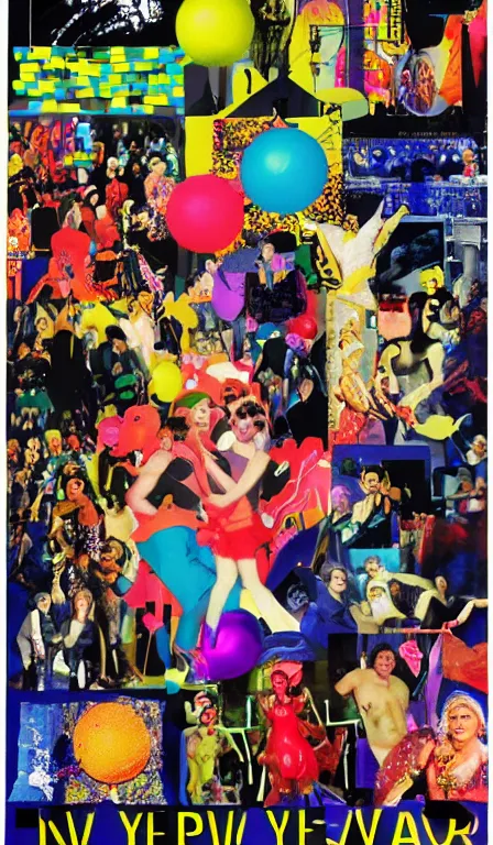 Image similar to Poster for a New Year's Eve rave, pastiche, collage, postmodern, early 3DCG, late 90s