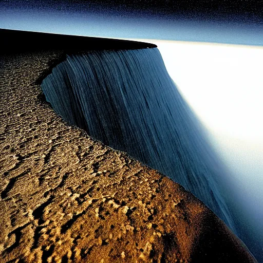 Image similar to the edge of the flat earth, national geographic photograph, water falling into nothing, mountains
