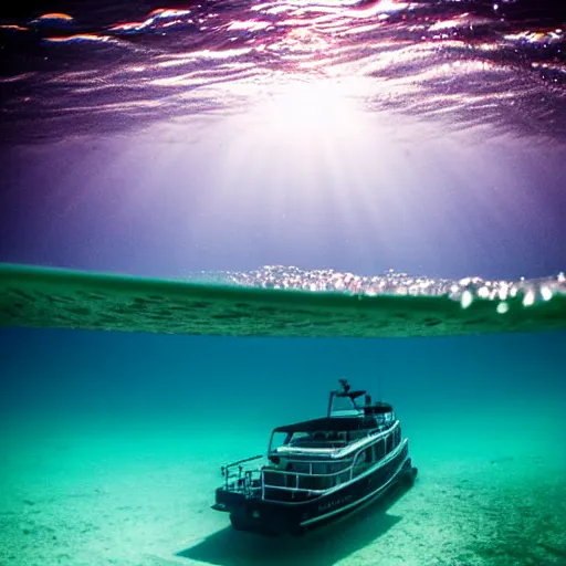 Prompt: underwater photo of a boat from below, passing overhead, view from diver